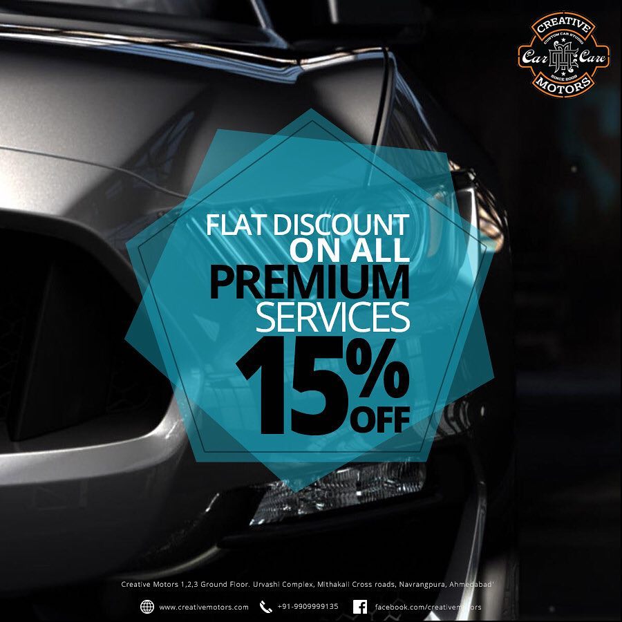 Flat Disc on All Premium Services 15%
Creative Motors Ahmedabad- 99099 99135 #ahmedabad #audi #instalike #like4like #carwash #cardetailing
