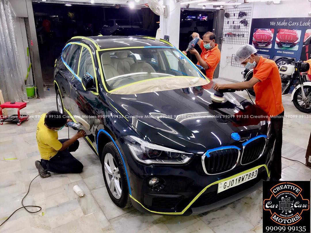 #Bmw #X1 #Black got the #Best #Ceramic Treatment at ‘’#Creative #Motors’’ Process Picture & After Pictures will be posted soon.. #Ceramic Coat #Benefits: ♦Gives Additional Gloss/Shine ♦Protects Paint from Fading ♦No Ageing Effect ♦Removes Hairline Scratches & Water-spots ♦Water & Dust Repellent ♦Easy to Clean & Maintain ♦No need to Wax and Polish again ♦Scratch Resistant upto 9H Hardness ♦3 Year  Protection in 3 hours 
Call or Whatsapp : +91 99099 99135 
Follow us on instagram: www.instagram.com/creativemotors 
Add: 
Creative Motors Ahmedabad 
GF 1,2 Urvashi Complex,  Nr. Calcutta Motors, Mithakhali Six Roads, Law Garden Road, Navrangpura, Ahmedabad 
9909999135 
#creativemotors #bikes #bikers #Cars #carspa #microdetailing #ceramiccoatings #coatings  #glasscoatings #waterrepellant #scratchproof #minicooper #supercars #Rajkot #ahmedabad #Jeep #compass #qualityovereverything